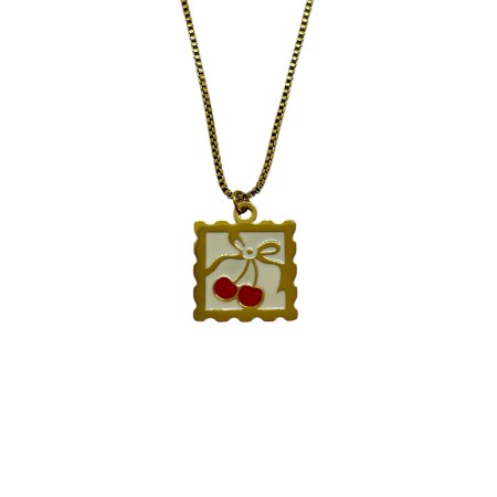 necklace steel gold square with cherries2